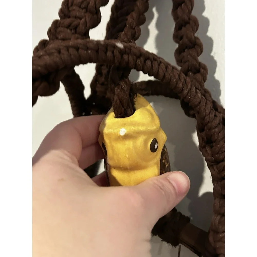 70's‎ Macrame Hanging Plant Holder Ceramic Owl Boho Beads Hippie 58